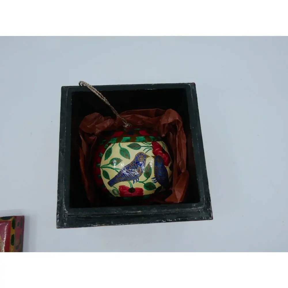 Kashmiri Paper Machè Wood Box And Ornament Blue Birds Floral Hand Painted